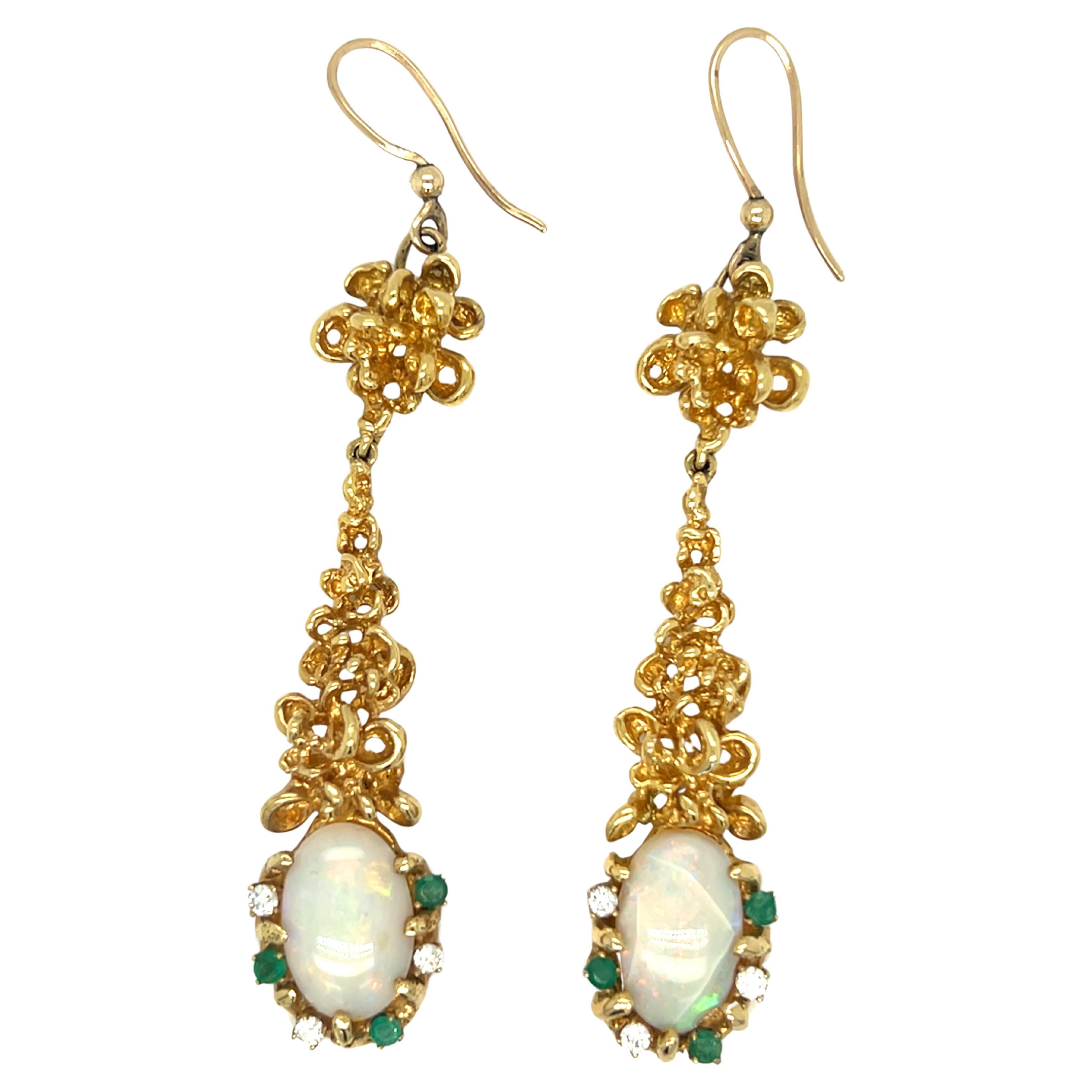 Artisan Vintage Opal Suite Ring and Earrings with Diamond and Emerald 18K Yellow Gold For Sale