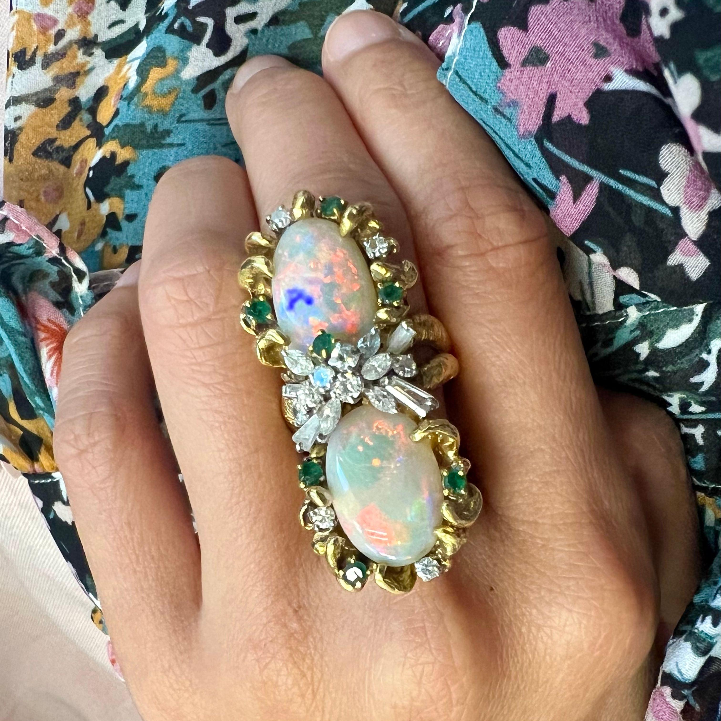 Oval Cut Vintage Opal Suite Ring and Earrings with Diamond and Emerald 18K Yellow Gold For Sale