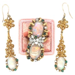 Anillo y Pendientes Vintage Opal Suite con Diamante y Esmeralda Oro Amarillo 18K