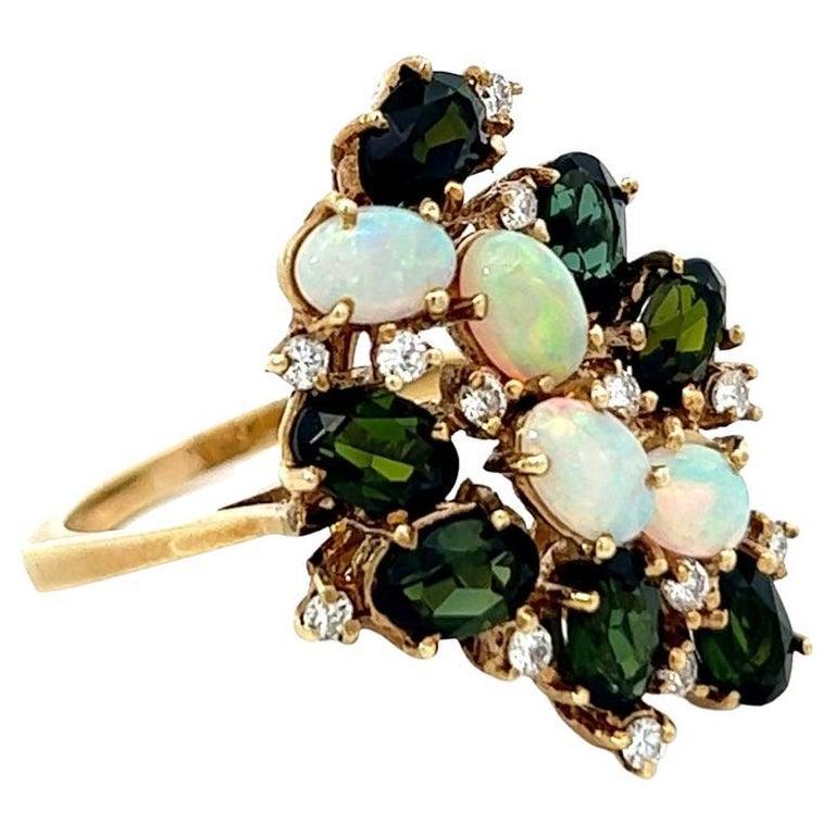 Women's or Men's Vintage Opal Tourmaline Diamond 18 Karat Yellow Gold Cocktail Ring