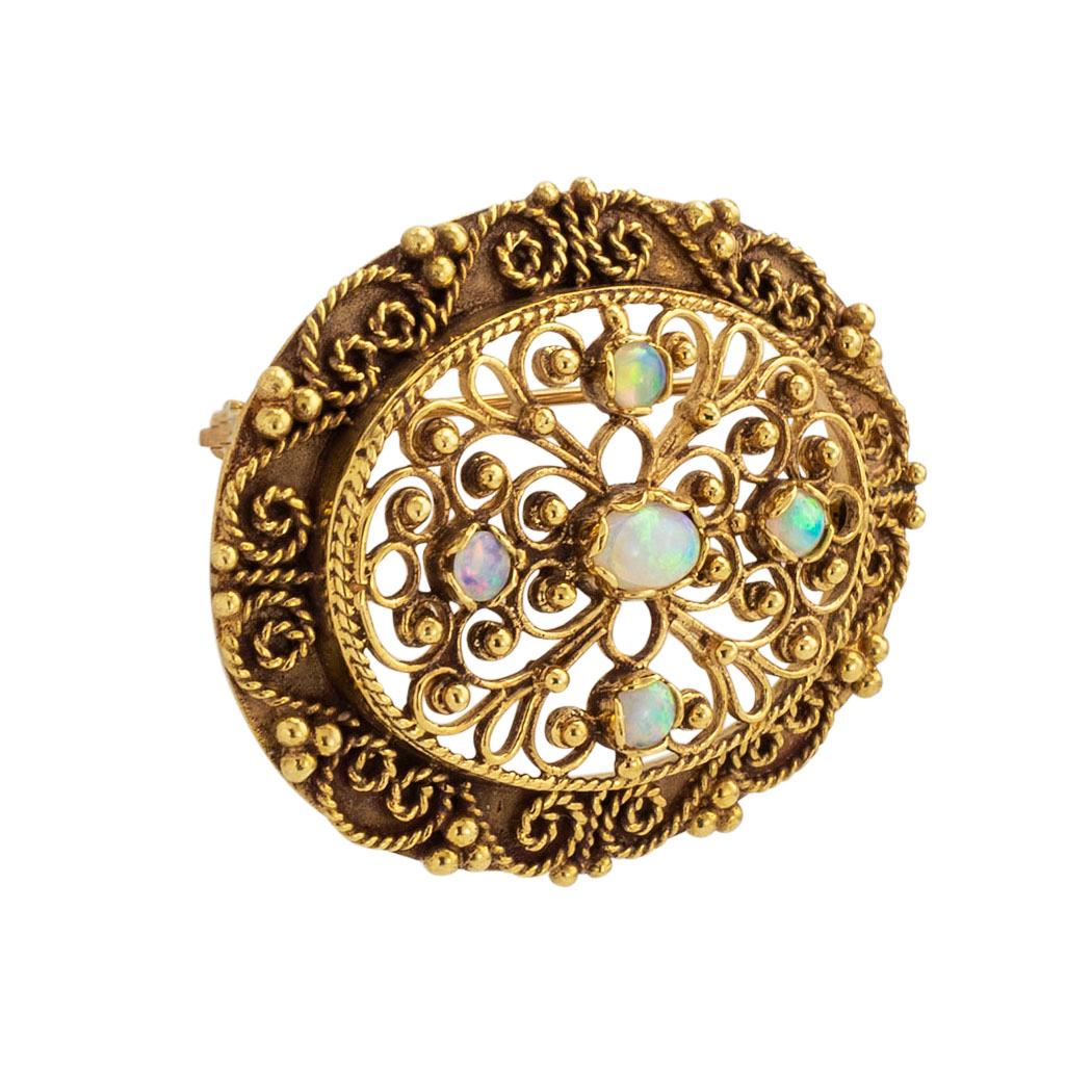 Vintage opal and yellow gold brooch pendant circa 1950. *

ABOUT THIS ITEM:  #P5004. Scroll down for specifications.  This versatile brooch pendant is designed in the style of the Etruscan Revival which was very popular during the middle of the 20th