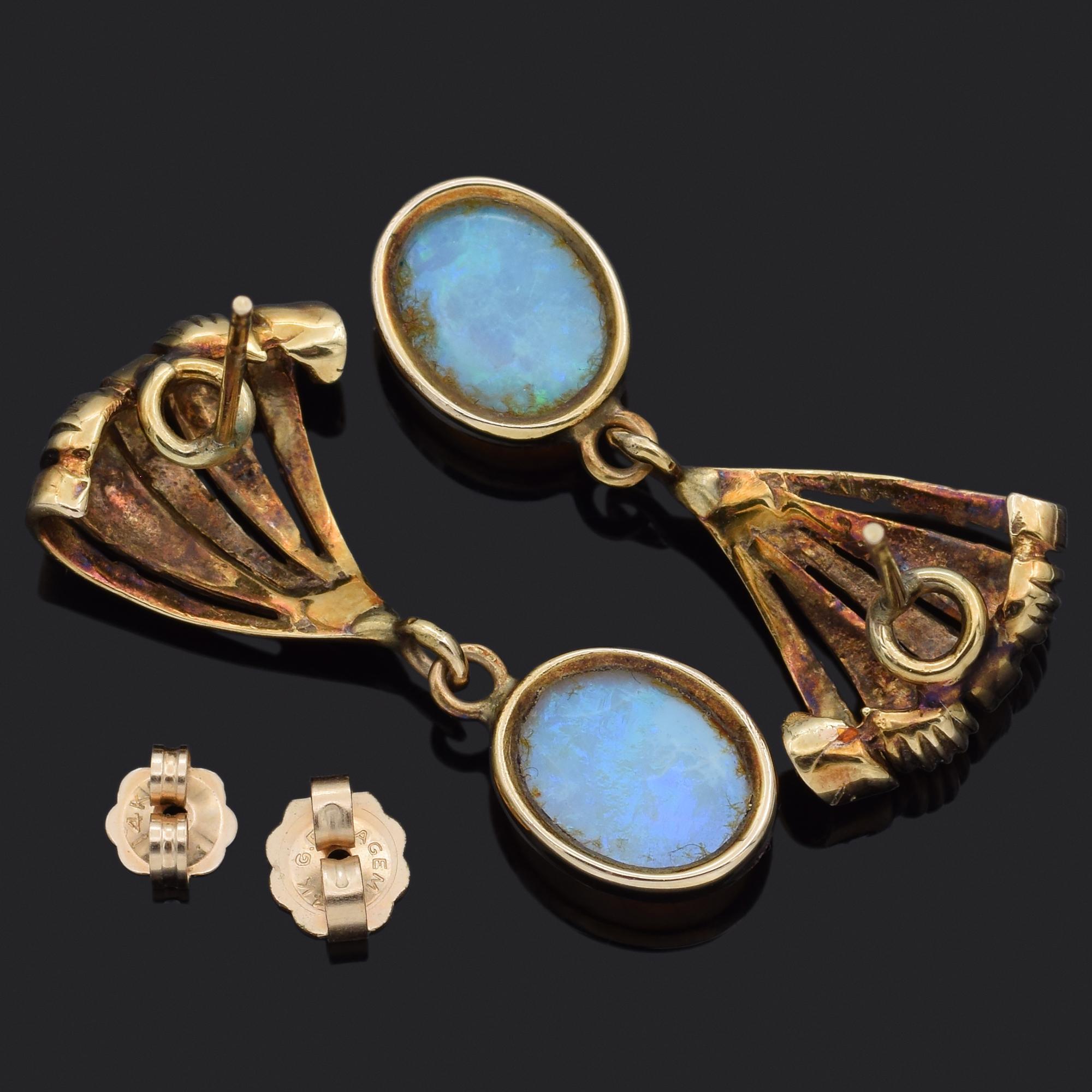Cabochon Vintage Opal Yellow Gold Dangle Earrings
