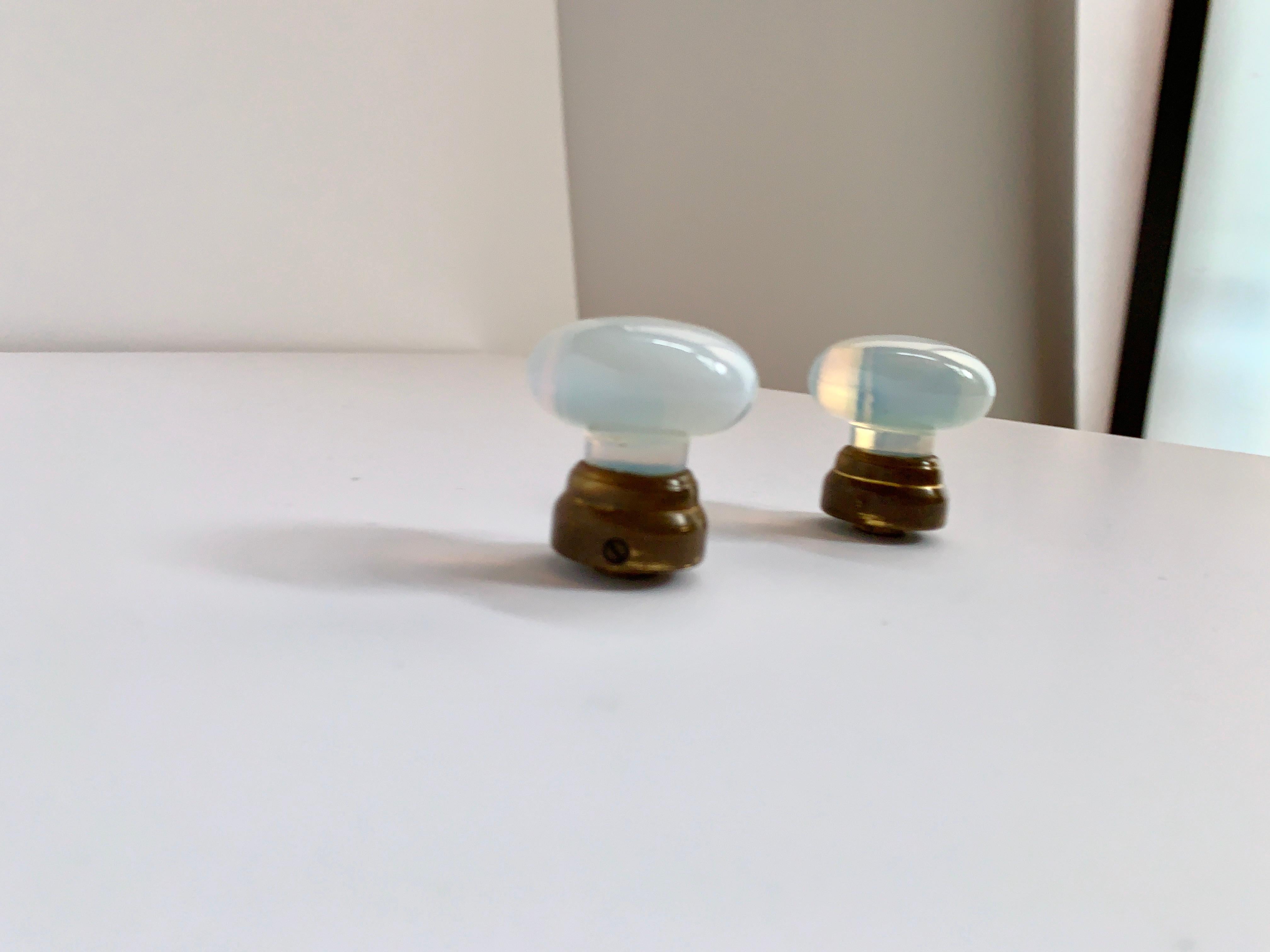 Opaline Glass Vintage Opaline Art Glass Knob Handle Set of 2, Bronzed Brass Base, 1960s