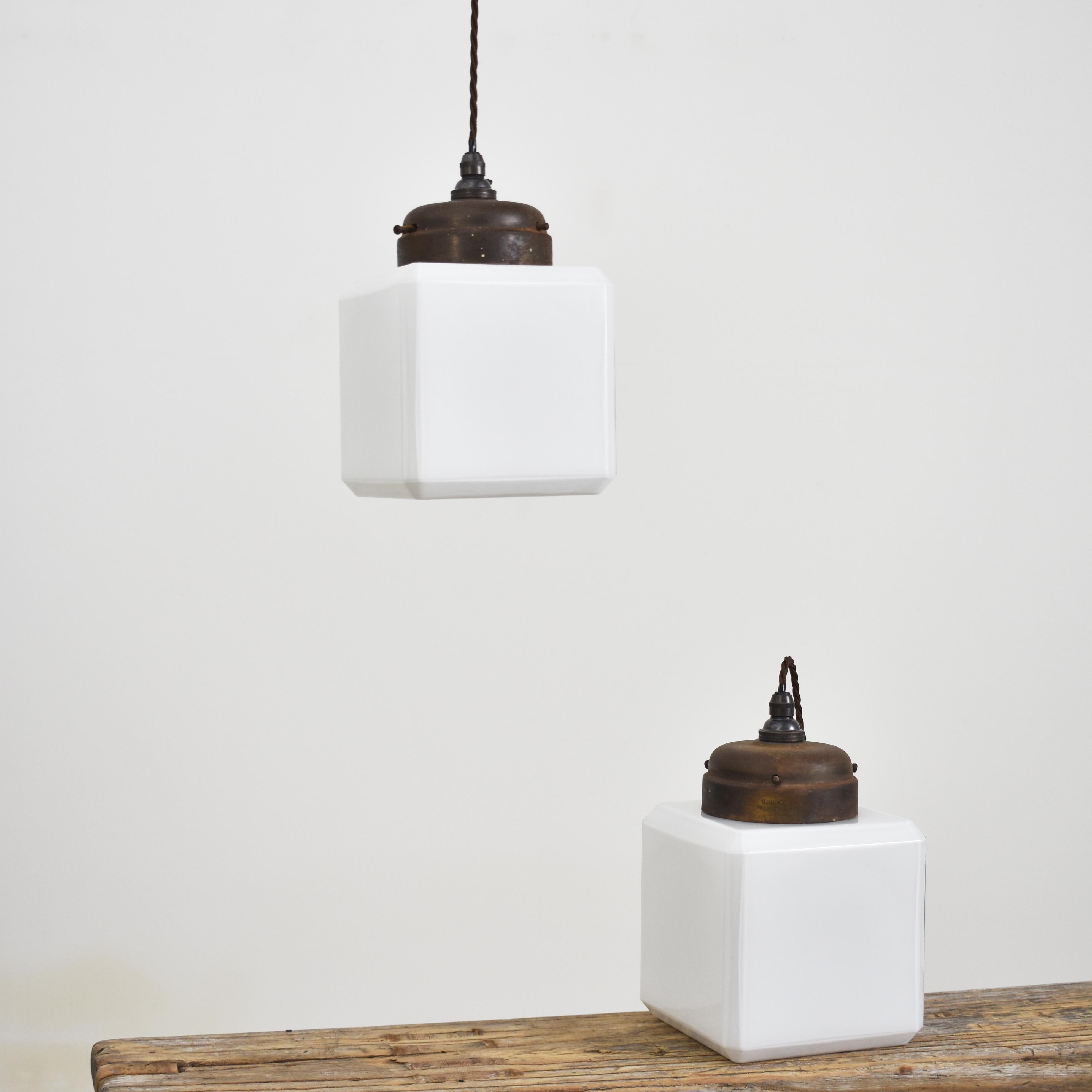 Suspension Vintage Opaline Cube Church s Brass Schoolhouse Light  Bon état - En vente à Stockbridge, GB