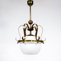 Vintage Opaline Glass & Brass Crown Pendant Lamp, 1960s
