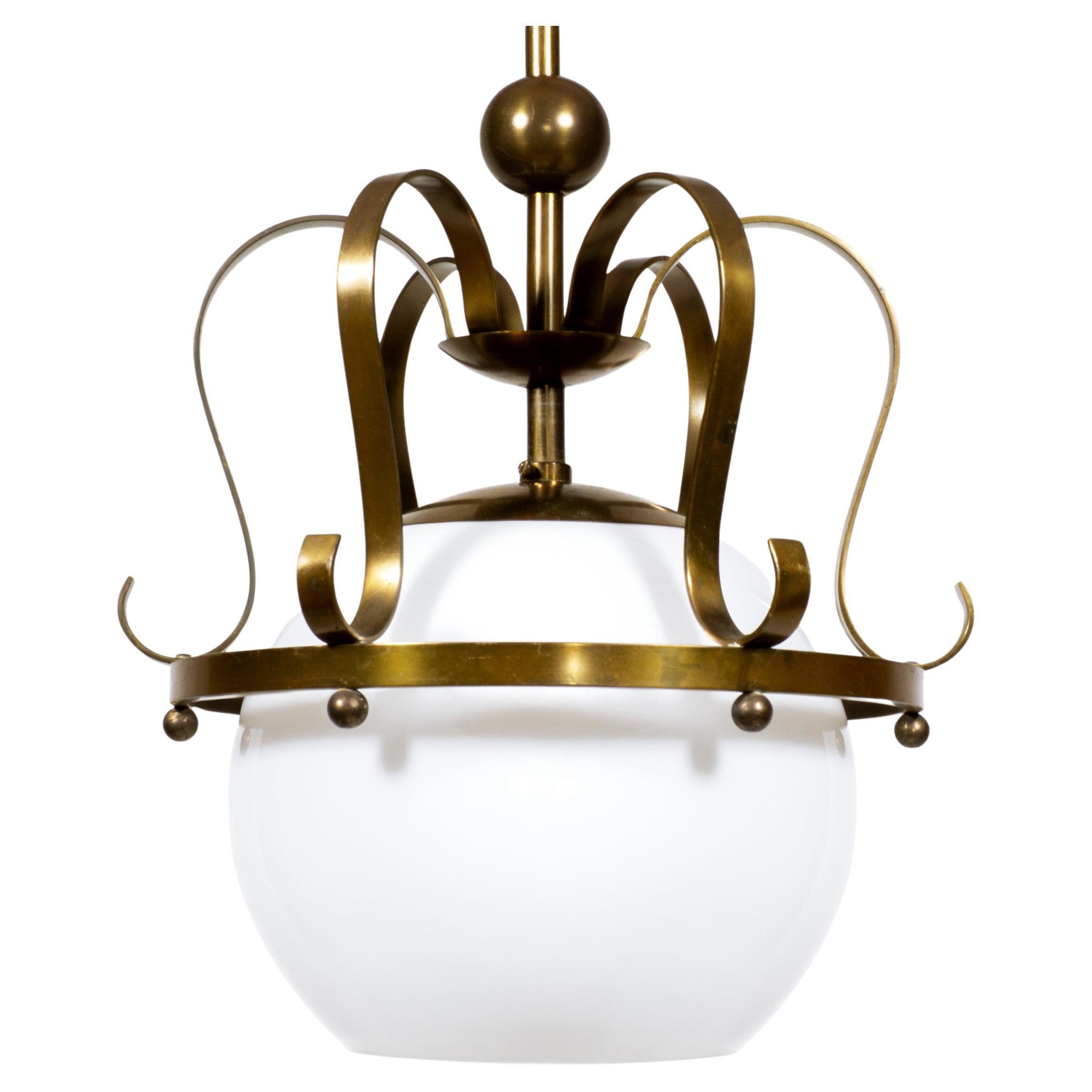 Vintage Opaline Glass & Brass Crown Pendant Lamp, 1960s