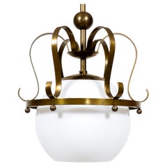 Vintage Opaline Glass & Brass Crown Pendant Lamp, 1960s