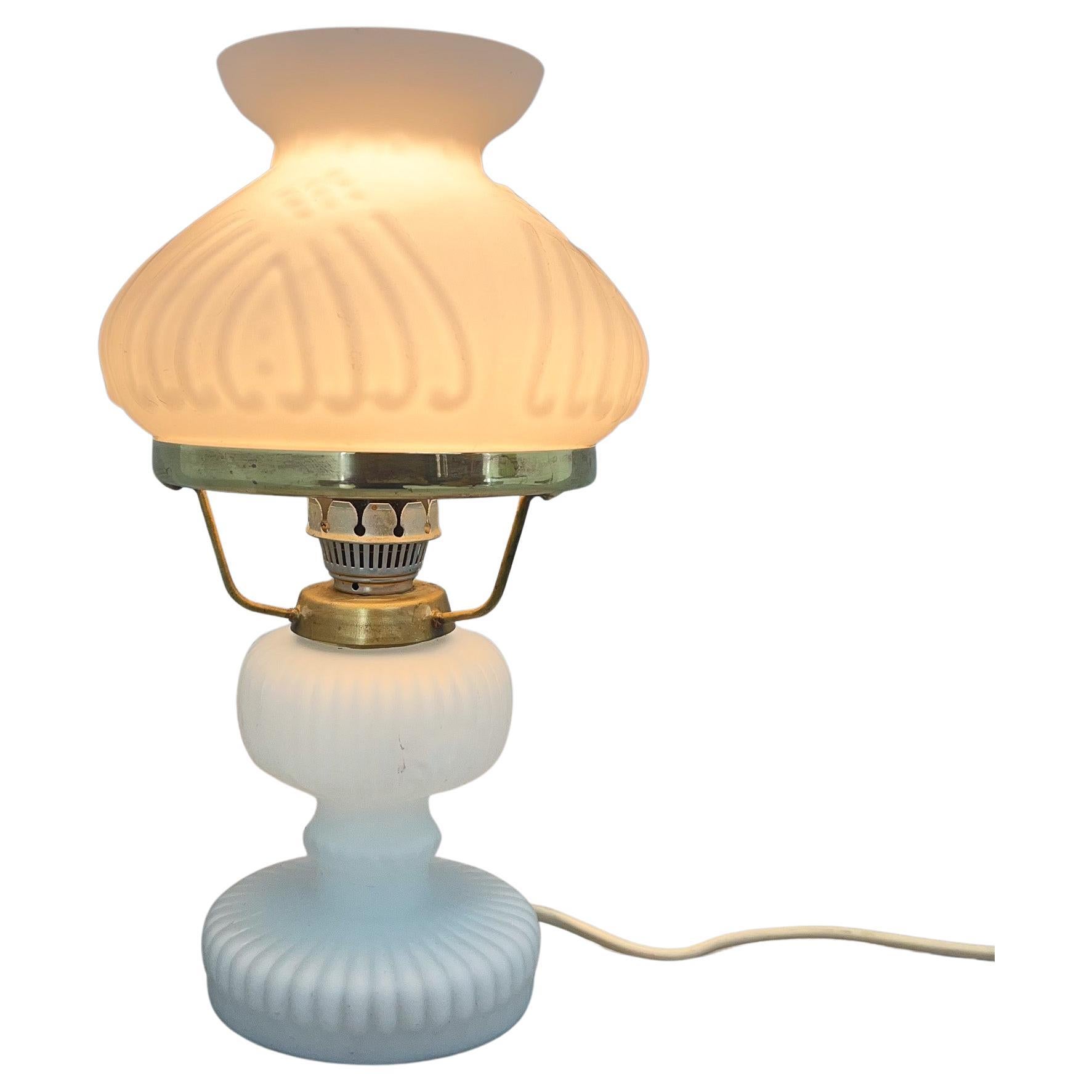 Vintage Opaline Glass & Brass Table Lamp For Sale