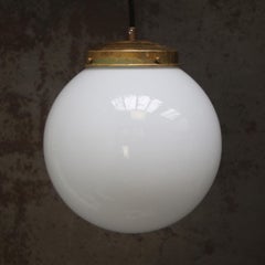 Vintage Opaline Glass Globe Pendant Lights, Brass Top, Mid-20th Century