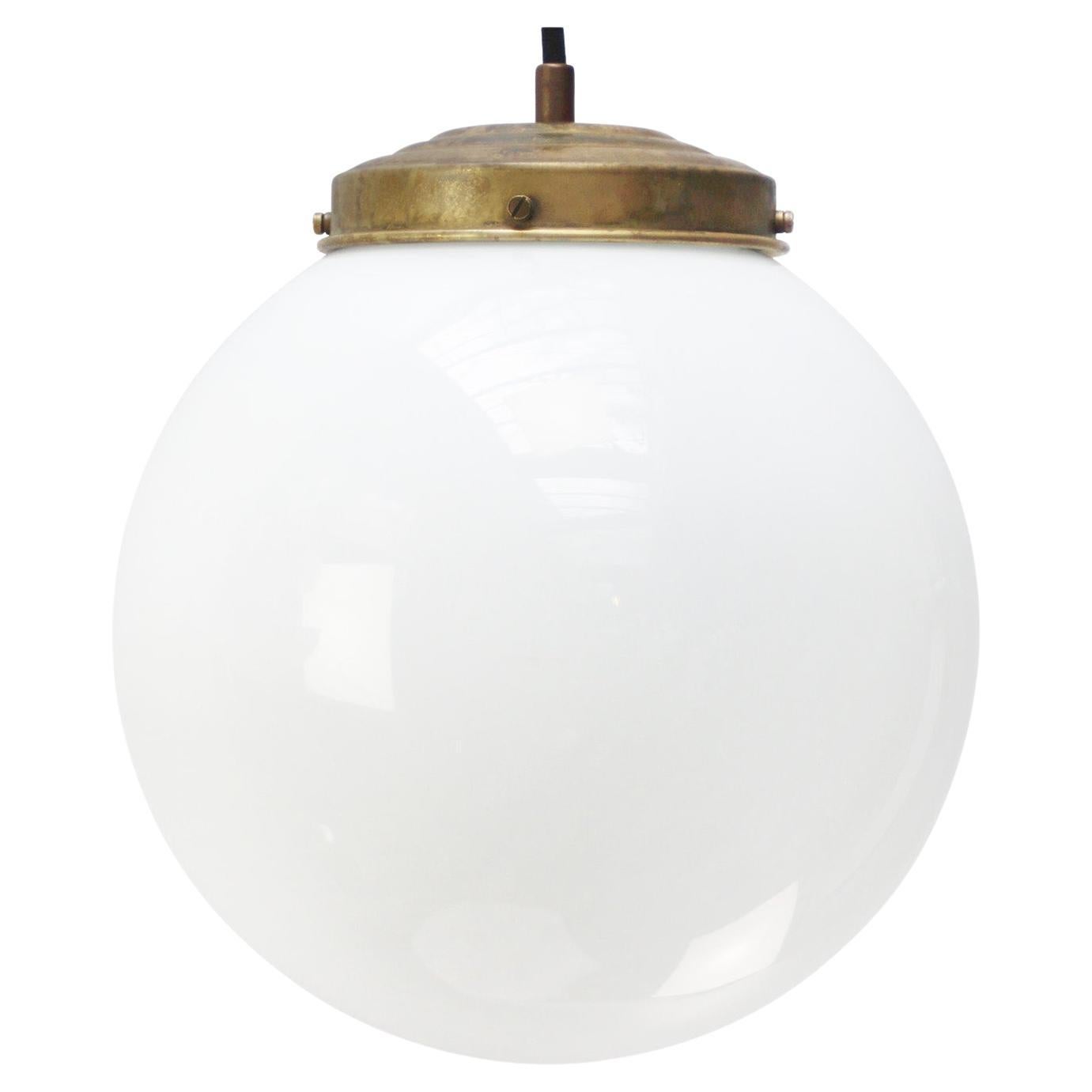 Vintage Opaline Glass Globe Pendant Lights, Brass Top, Mid-20th Century