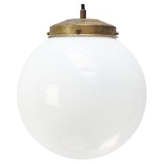 Vintage Opaline Glass Globe Pendant Lights, Brass Top, Mid-20th Century