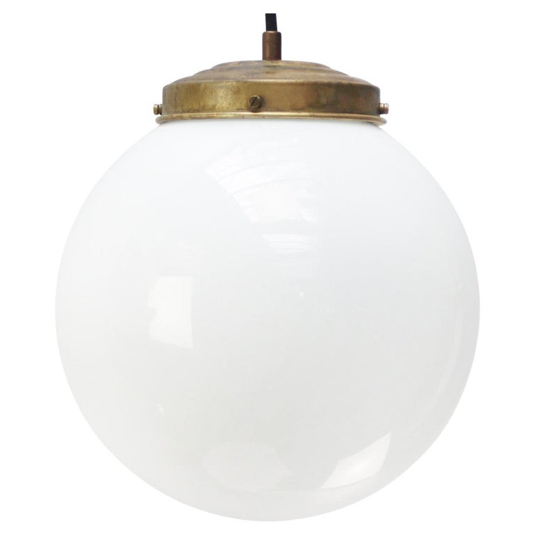 Vintage Opaline Glass Globe Pendant Lights, Brass Top, Mid-20th Century