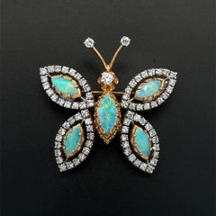 Vintage Opals and Diamond 2-Tone Gold Butterfly Brooch Pin