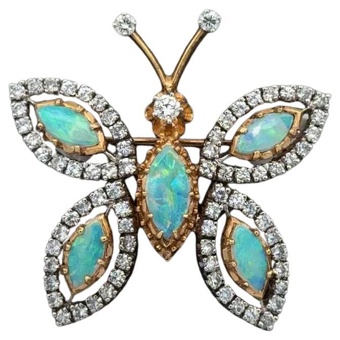 Vintage Opals and Diamond 2-Tone Gold Butterfly Brooch Pin