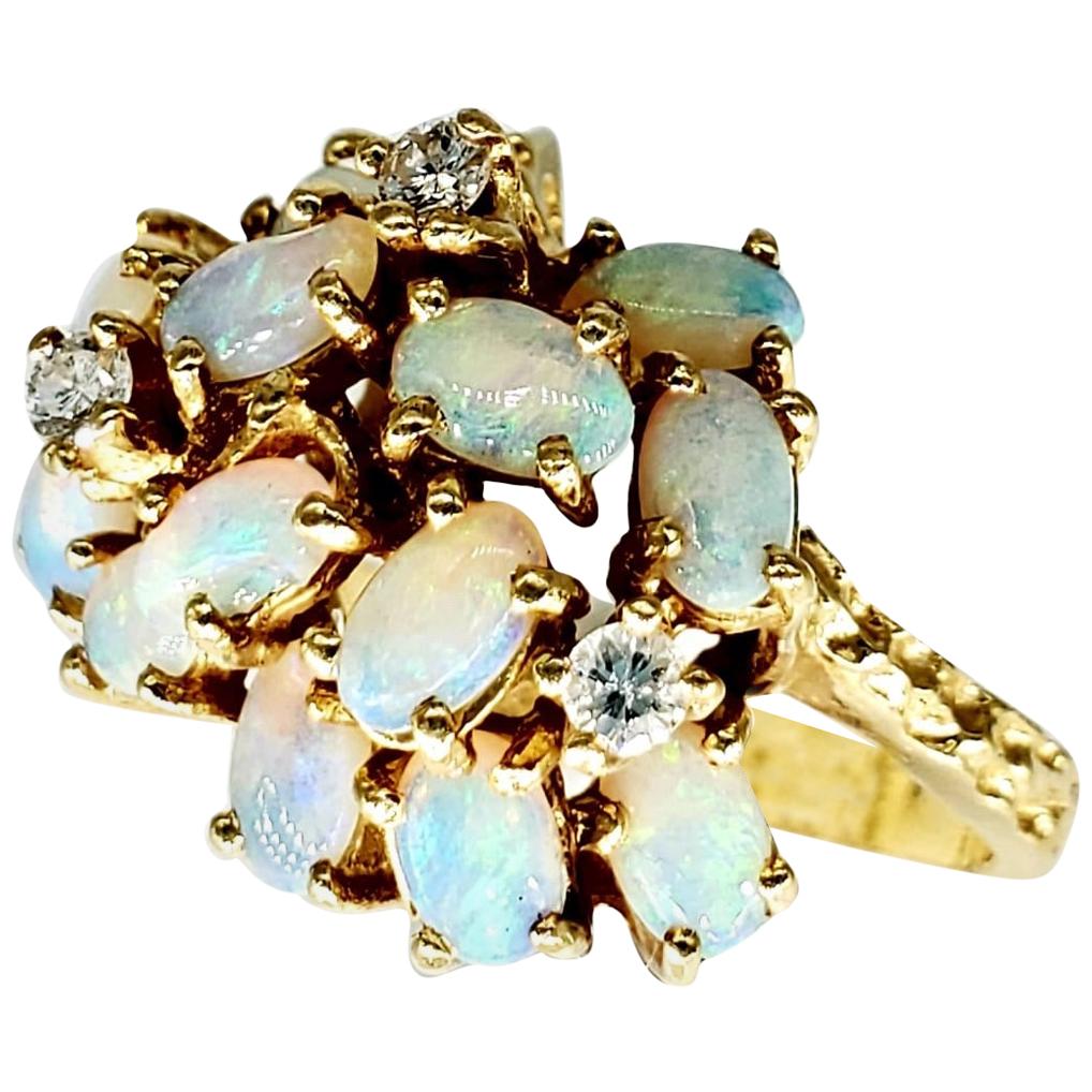 Vintage Opals and Diamonds 14 Karat Gold Cluster Ring