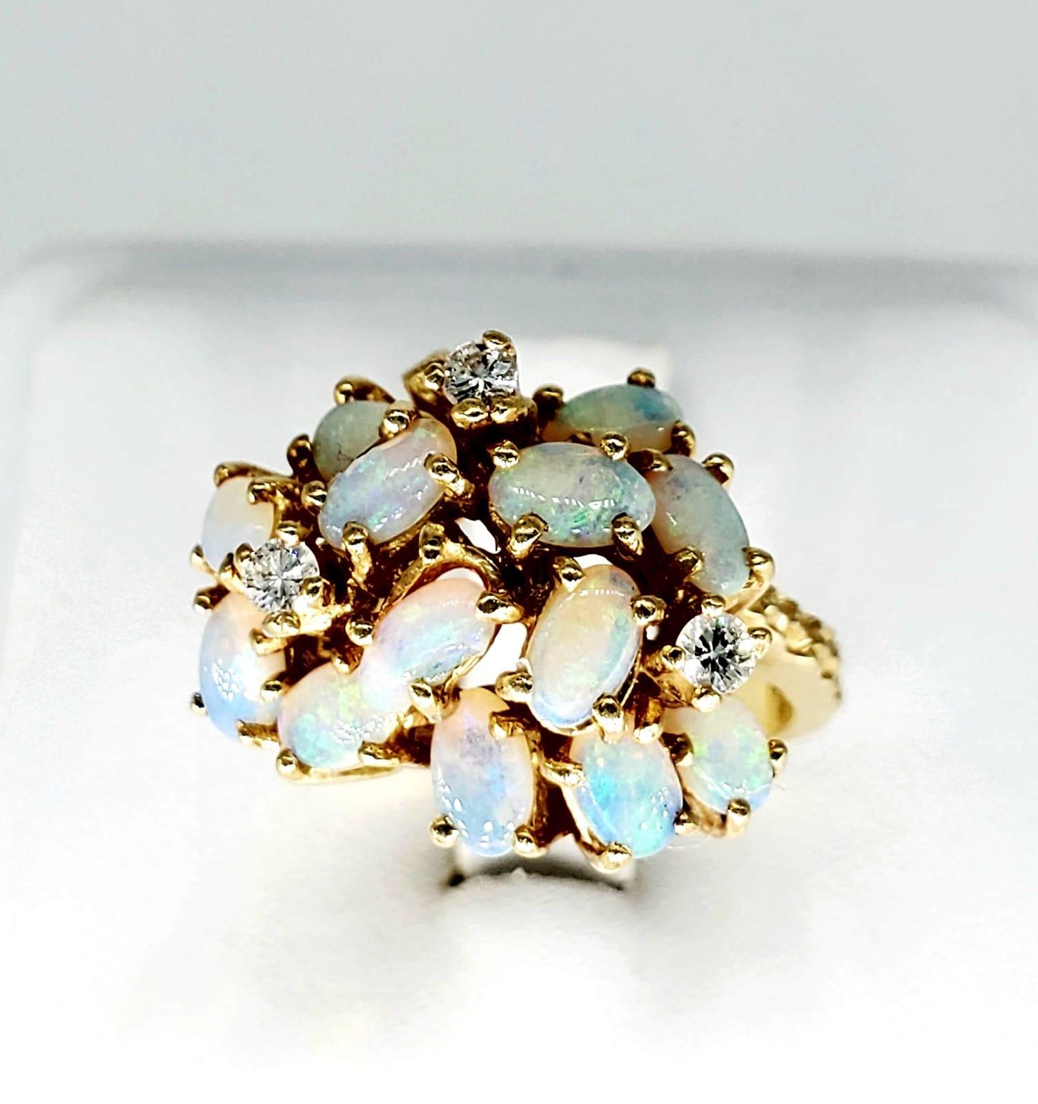 Vintage Opals and Diamonds 14 Karat Gold Cluster Ring In Excellent Condition In Miami, FL