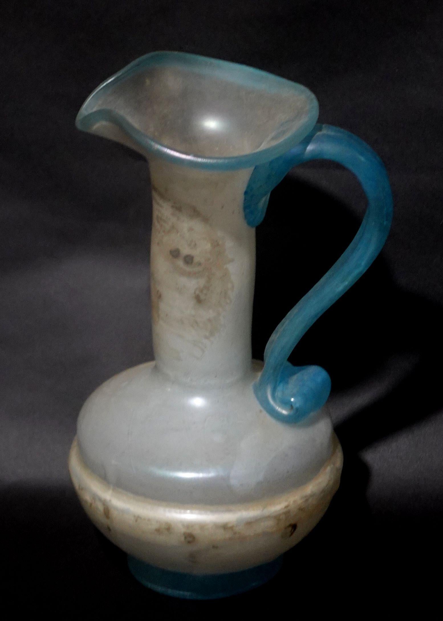 Italian Vintage Opaque Blue Art Glass Pitcher, Italy For Sale