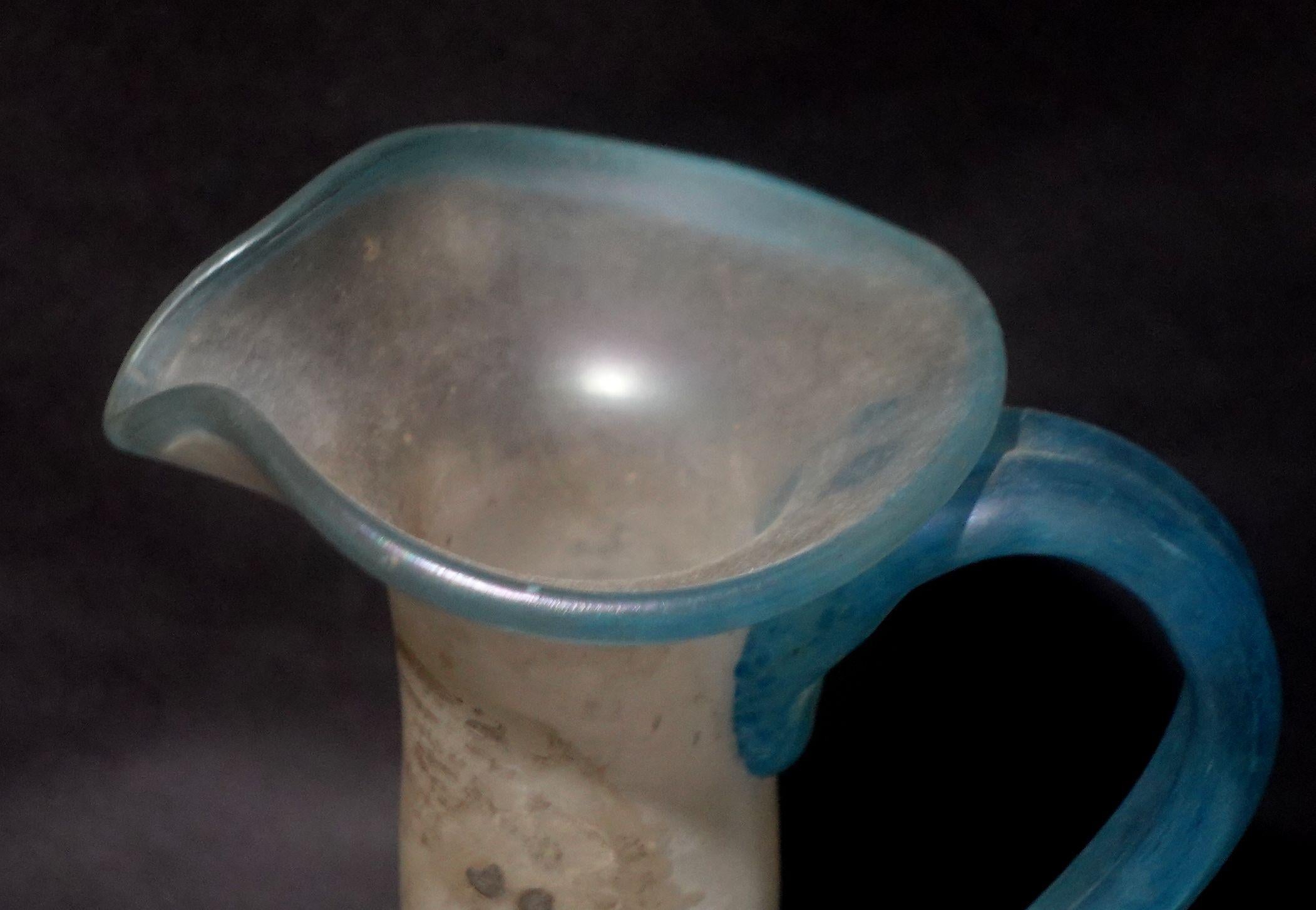 Hand-Crafted Vintage Opaque Blue Art Glass Pitcher, Italy For Sale