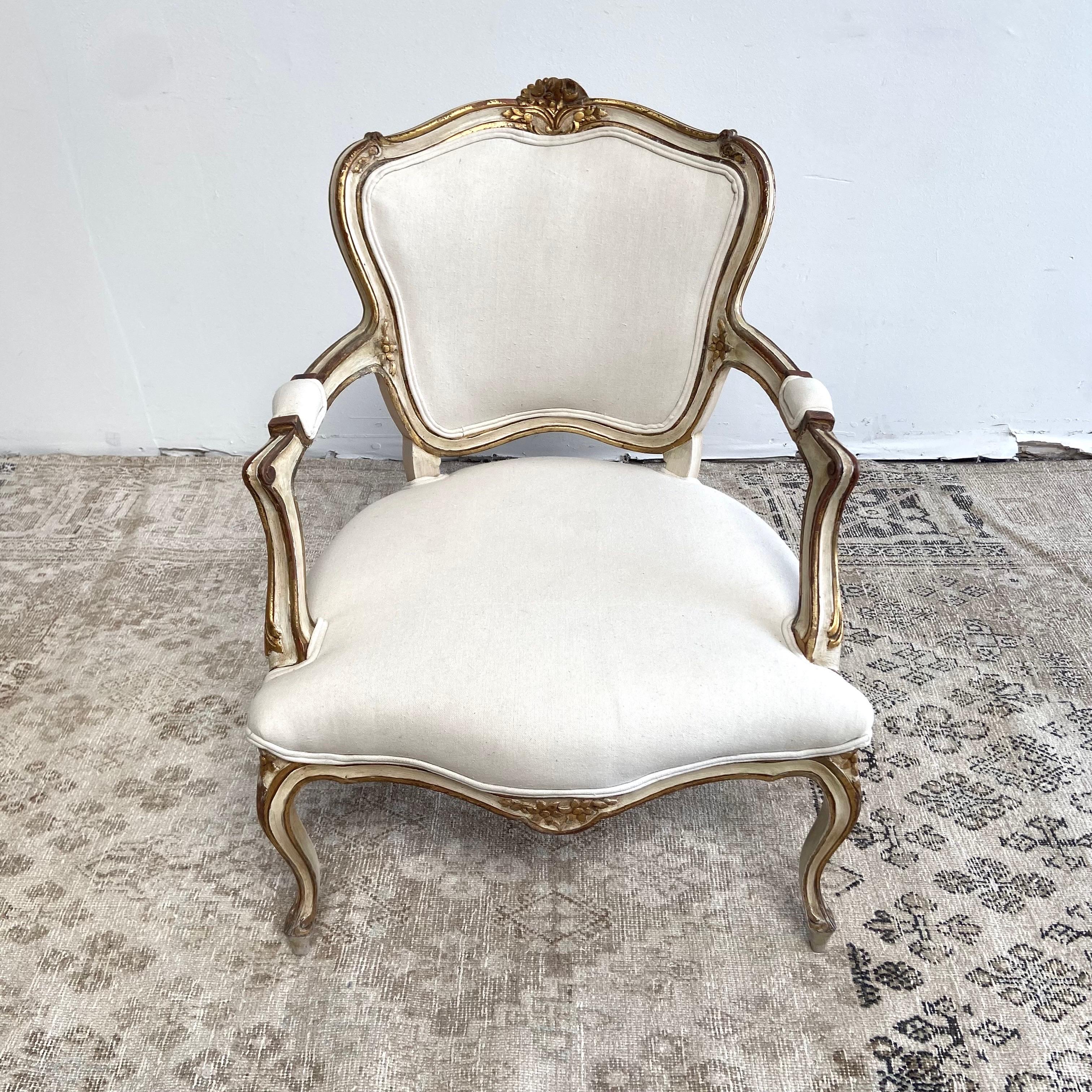 Vintage Open Arm Chair with Original Paint and Gilt Wood Finish In Good Condition For Sale In Brea, CA