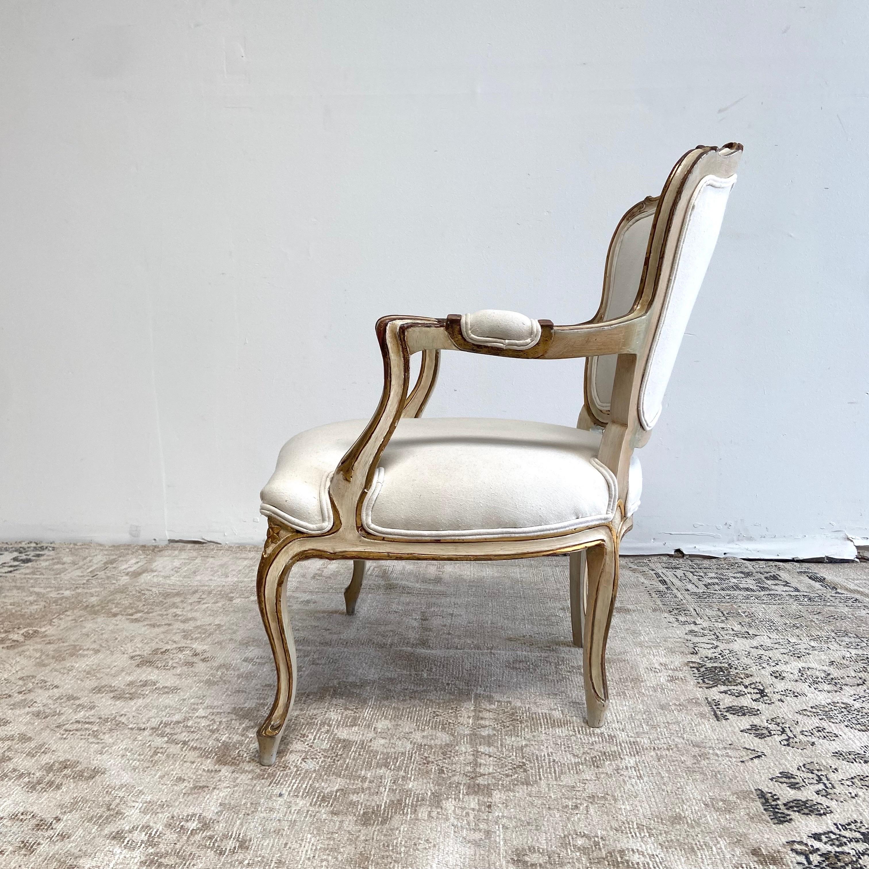 20th Century Vintage Open Arm Chair with Original Paint and Gilt Wood Finish For Sale