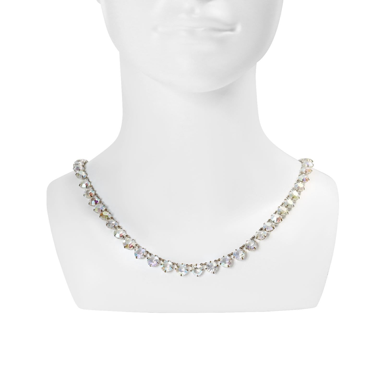 Modern Vintage Open Back Crystal Aurora Borealis Long Necklace Circa 1960s For Sale