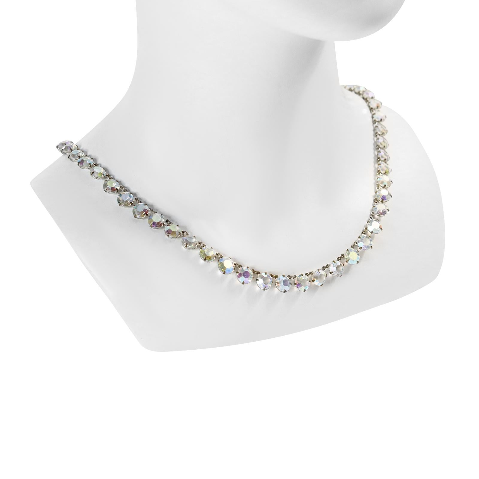 Vintage Open Back Crystal Aurora Borealis Long Necklace Circa 1960s For Sale 1
