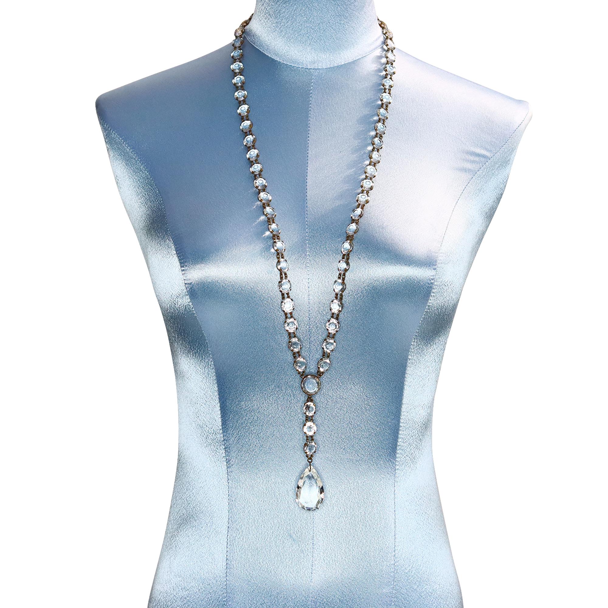 Modern Vintage Open Back Crystal Long Necklace with Dangling Piece Circa 1920s For Sale