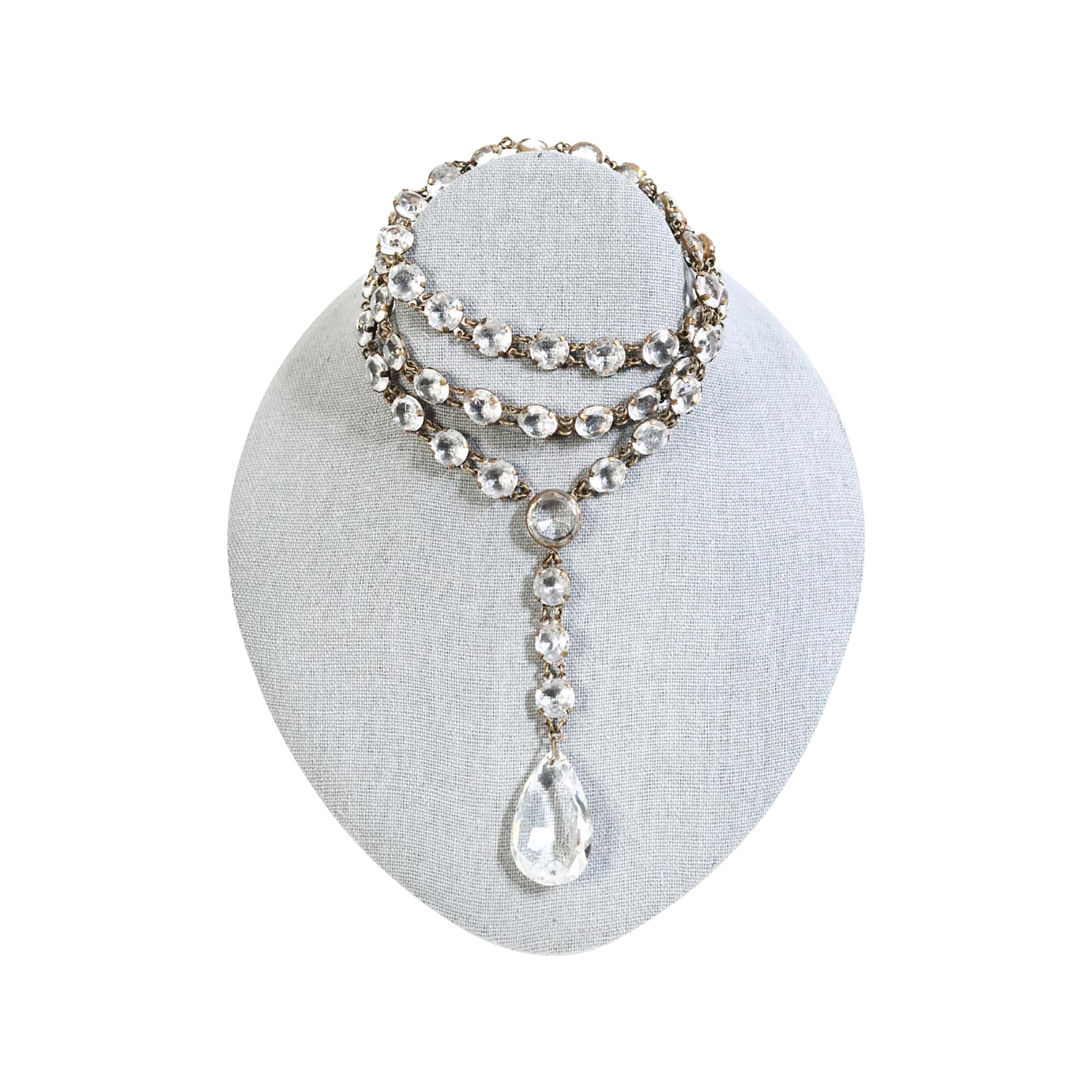 Women's or Men's Vintage Open Back Crystal Long Necklace with Dangling Piece Circa 1920s For Sale