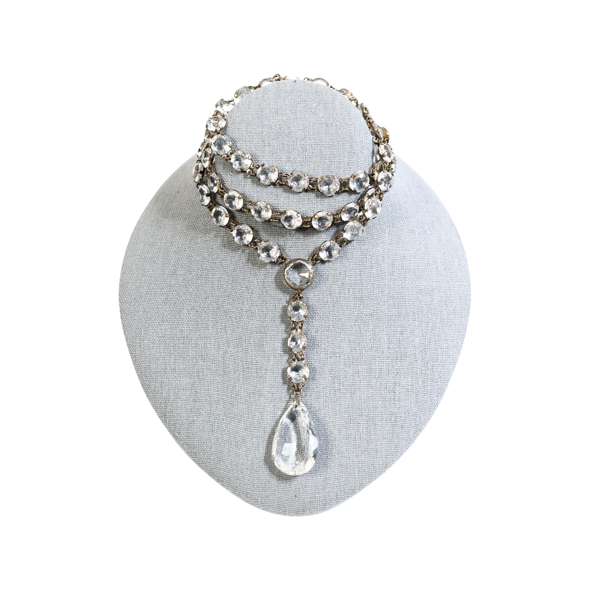 Vintage Open Back Crystal Long Necklace with Dangling Piece Circa 1920s For Sale 1