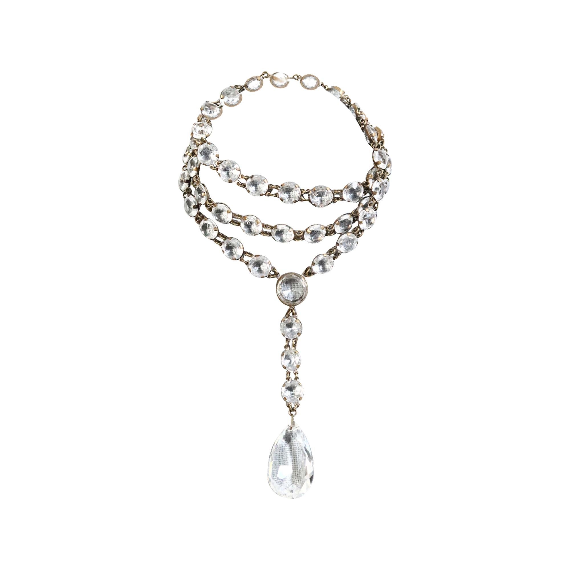 Vintage Open Back Crystal Long Necklace with Dangling Piece Circa 1920s For Sale 3