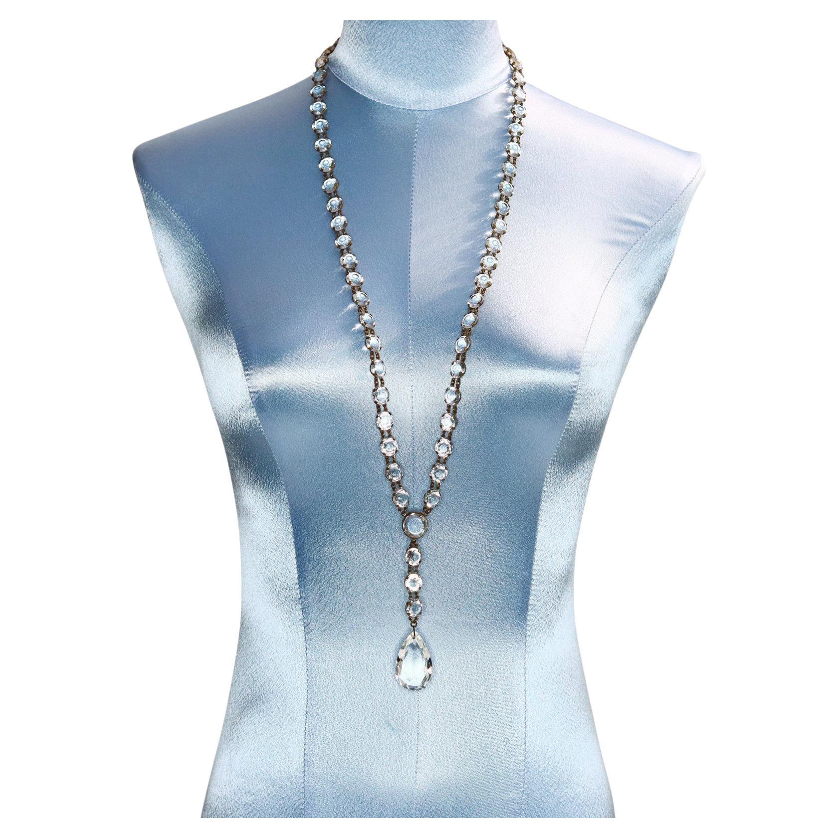 Vintage Open Back Crystal Long Necklace with Dangling Piece Circa 1920s