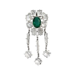 Vintage 1940s Open-Back Crystal Brooch with Oval Emerald Center