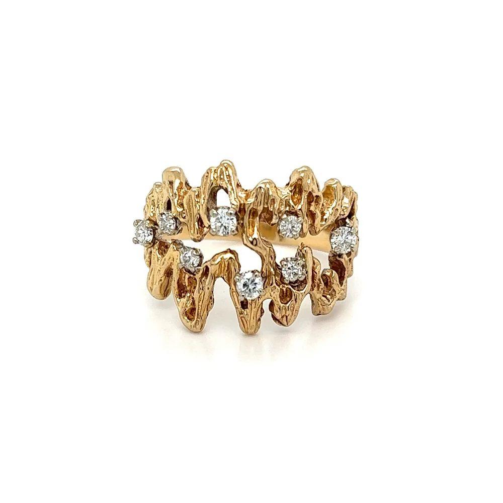Round Cut Vintage Open Nugget Scattered Diamond Gold Band Ring For Sale