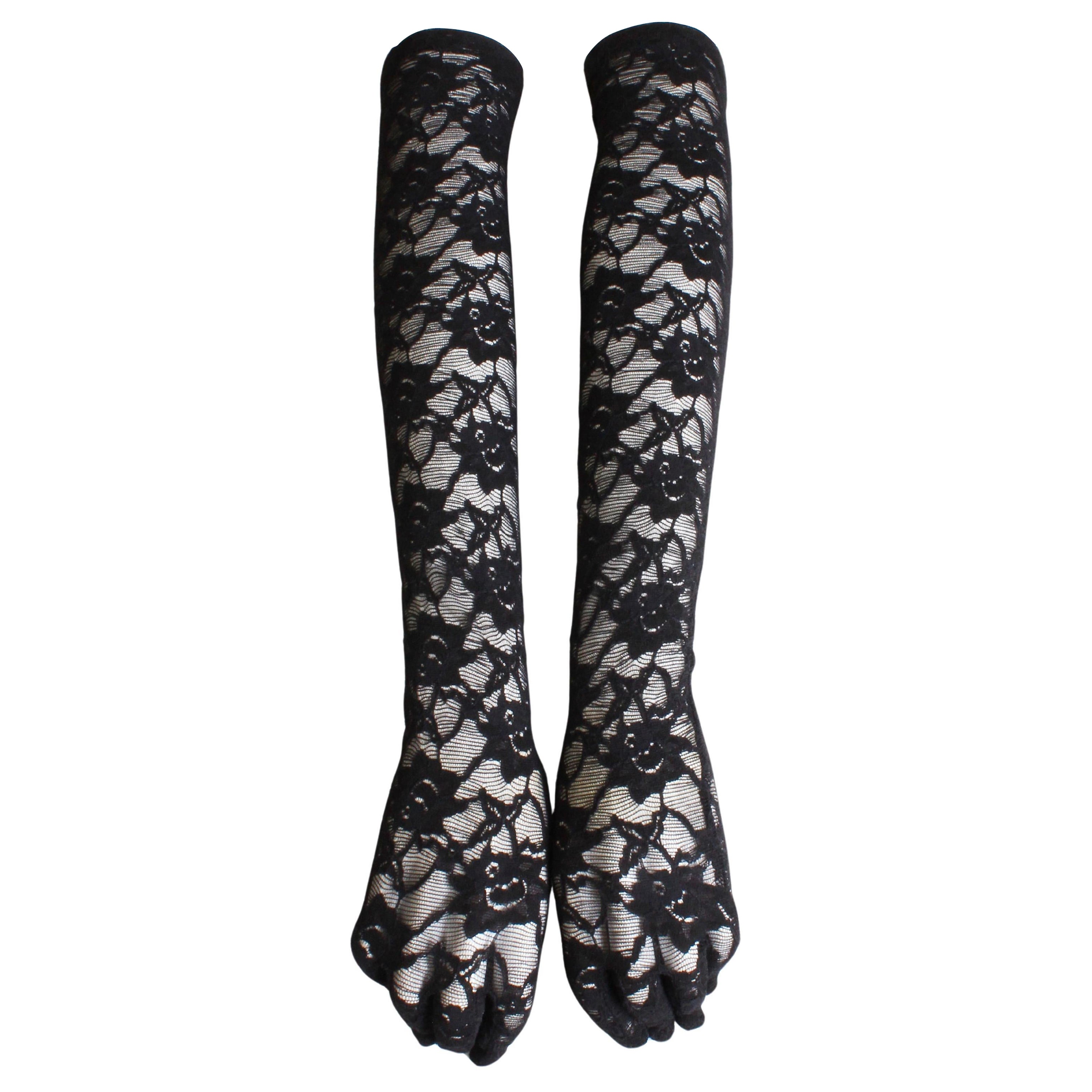 Vintage Opera Gloves Black Lace Floral Pattern Attributed to Norma Kamali OSFM