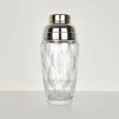 Vintage Optical Glass & Silverplate Cocktail Shaker with Leaf Pattern, Art Deco