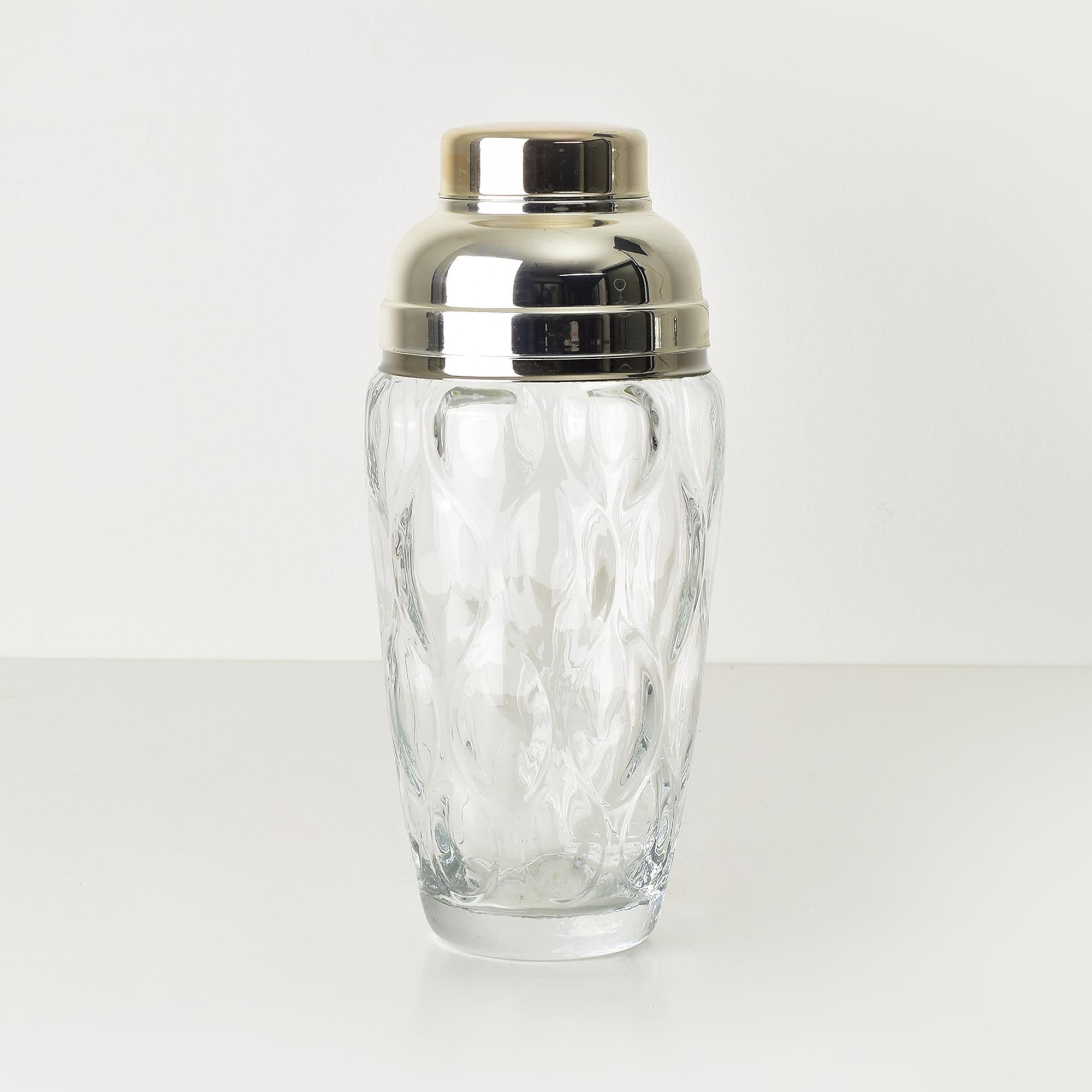 German Vintage Optical Glass & Silverplate Cocktail Shaker with Leaf Pattern, Art Deco