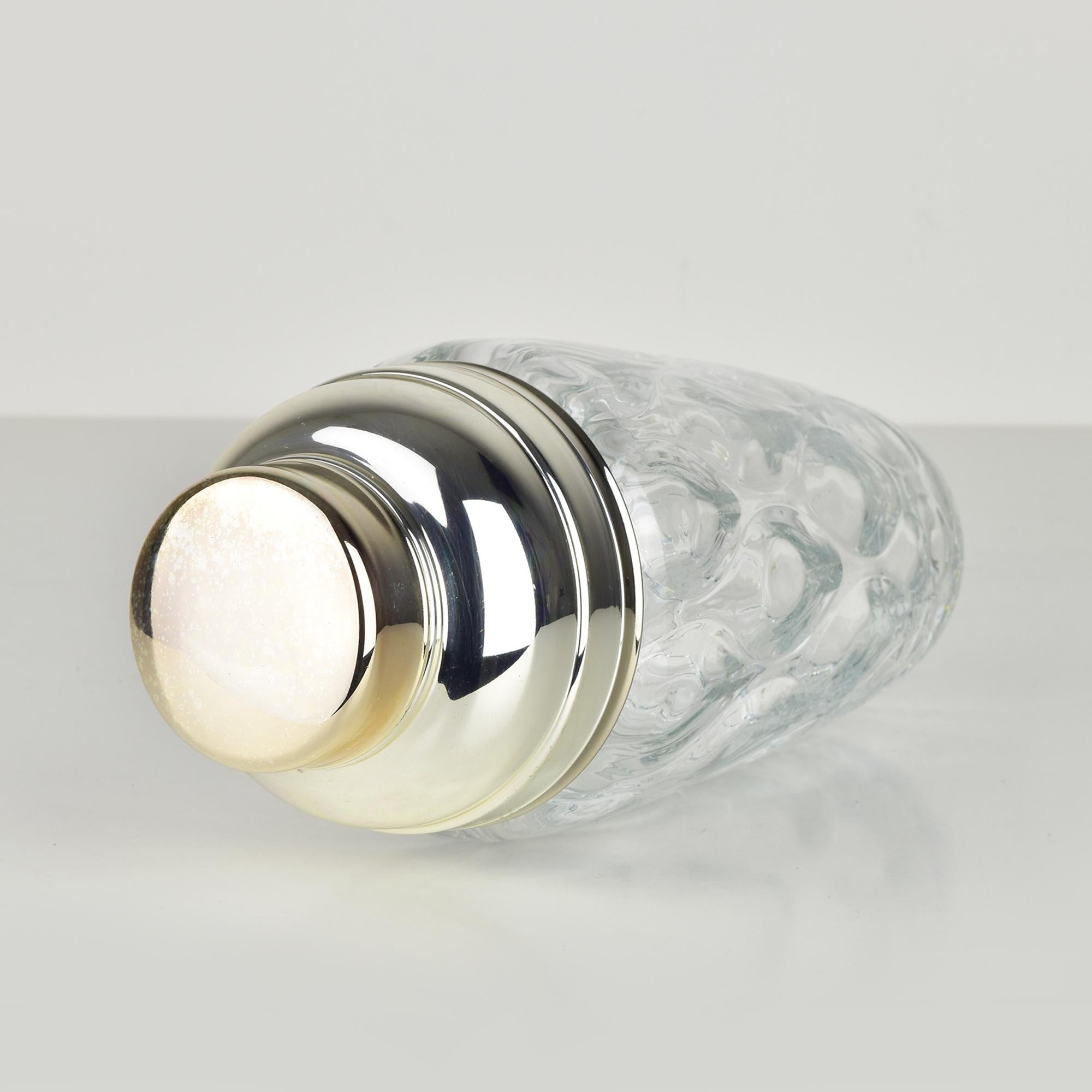 Silvered Vintage Optical Glass & Silverplate Cocktail Shaker with Leaf Pattern, Art Deco