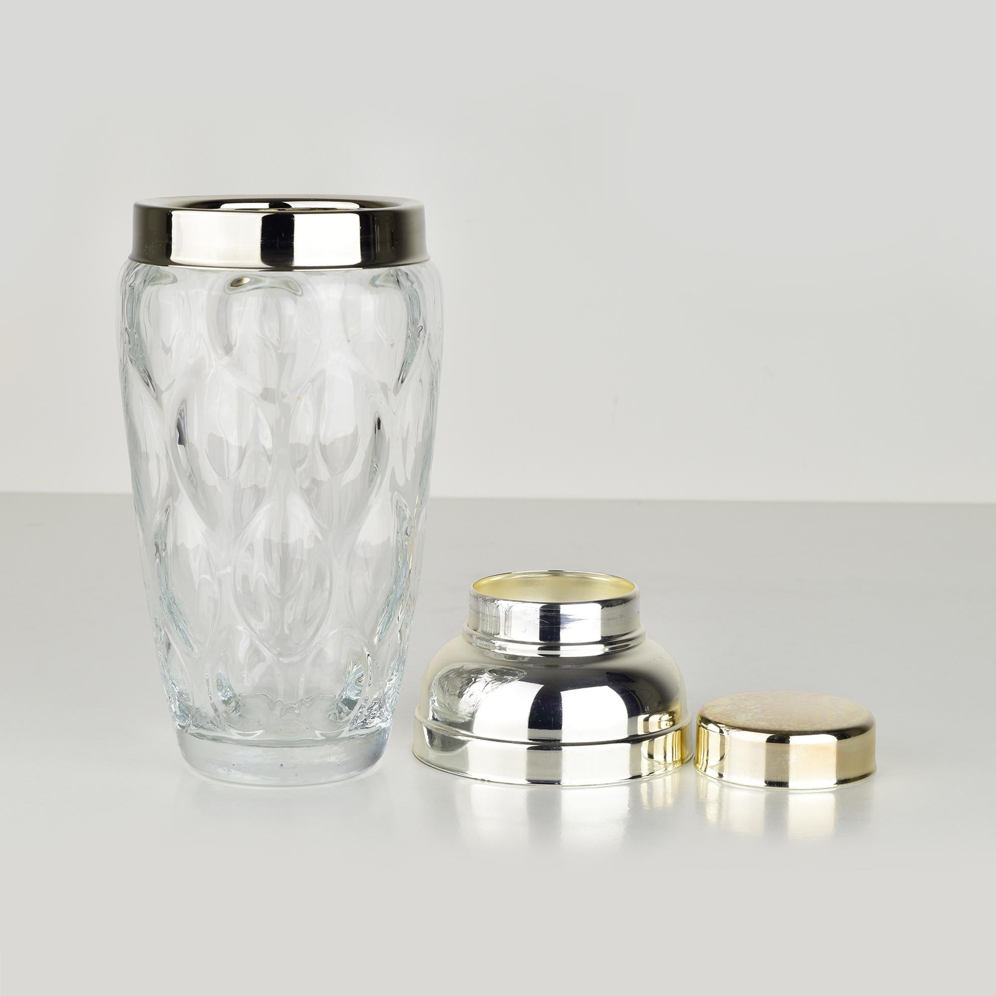 Vintage Optical Glass & Silverplate Cocktail Shaker with Leaf Pattern, Art Deco In Good Condition In Bad Säckingen, DE