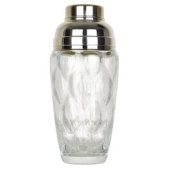 Vintage Optical Glass & Silverplate Cocktail Shaker with Leaf Pattern, Art Deco
