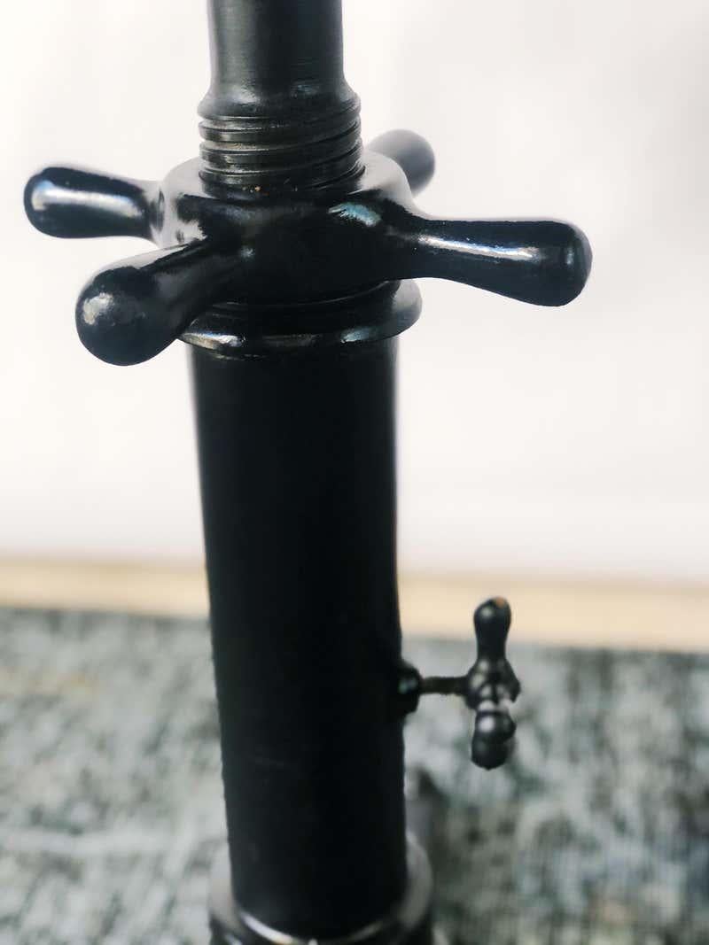 Canadian Vintage Optometrist Swivel Table with Black Glass Top and Cast Iron Base, 1940s