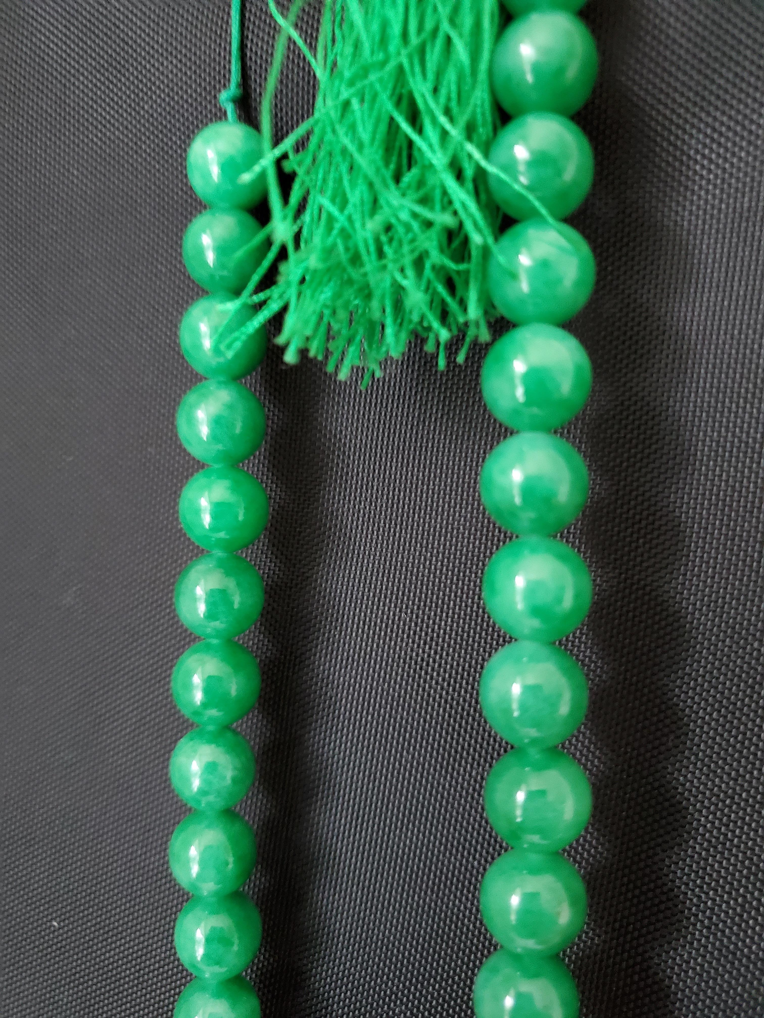 Hand-Knotted Vintage or Antique Emerald Green Jadeite Necklace, Mala, or Prayer Beads