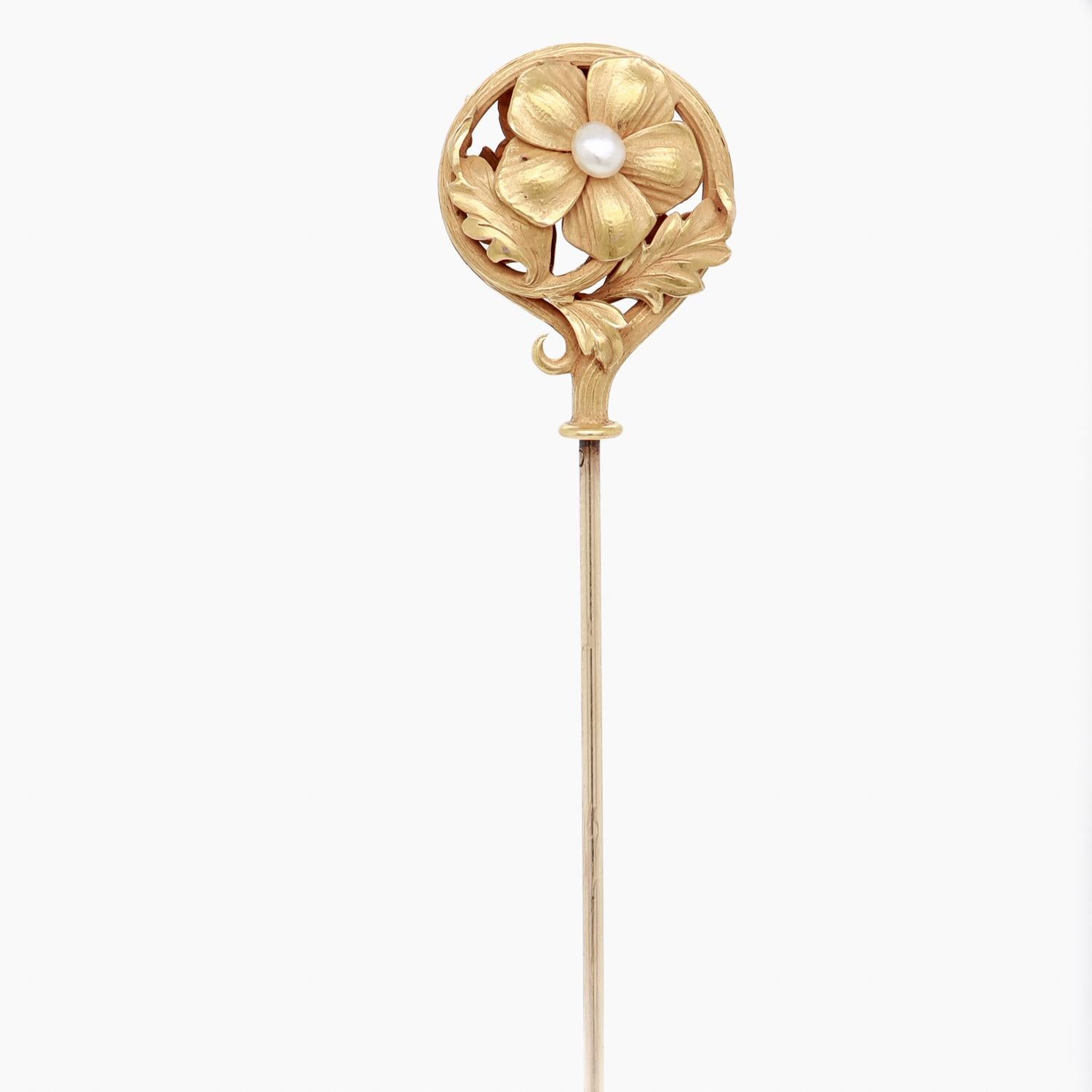 Art nouveau Epingle à nourrice vintage ou antique en or et perles à double face Figural Myosotis en vente