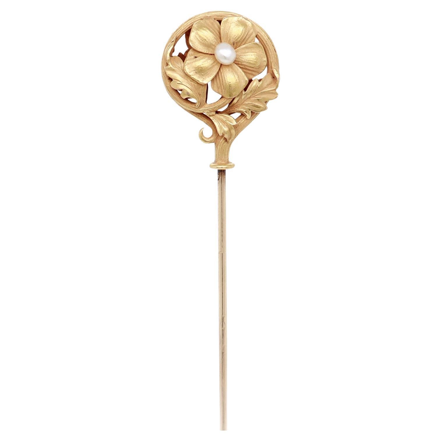 Vintage or Antique Gold & Pearl Double-Sided Figural Forget-Me-Not Stickpin