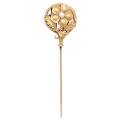 Doppelseitige figurale Vintage- oder antike Gold- und Perlen-Doppelseitige Forget-Me- Not Stickpin