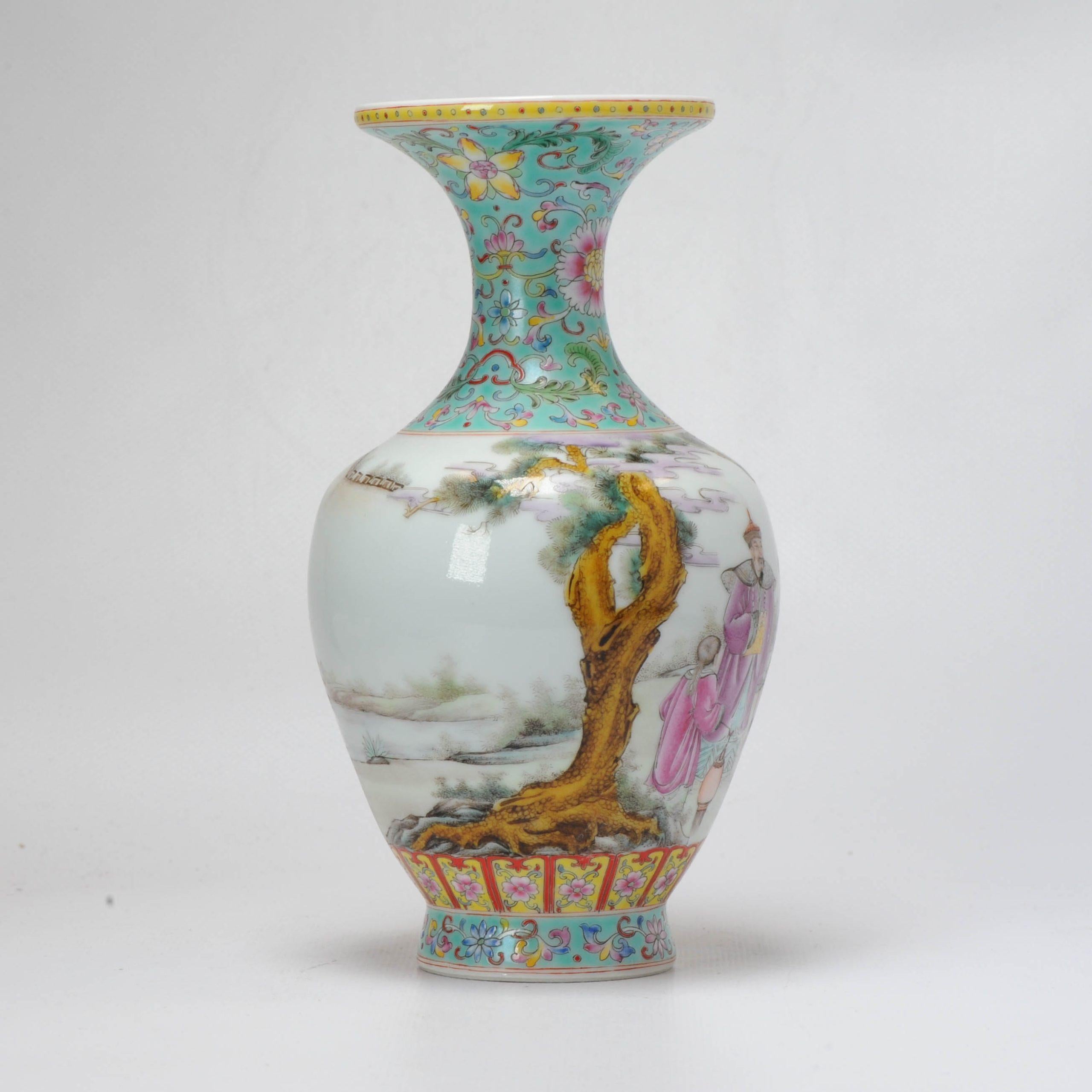 A polychrome porcelain vase, decorated with a landscape garden scene with figures. Marked with seal mark Qianlong at the base. China, 20th century.

Very nice and unusual scene and high quality painting.

Additional information:
Material: Porcelain