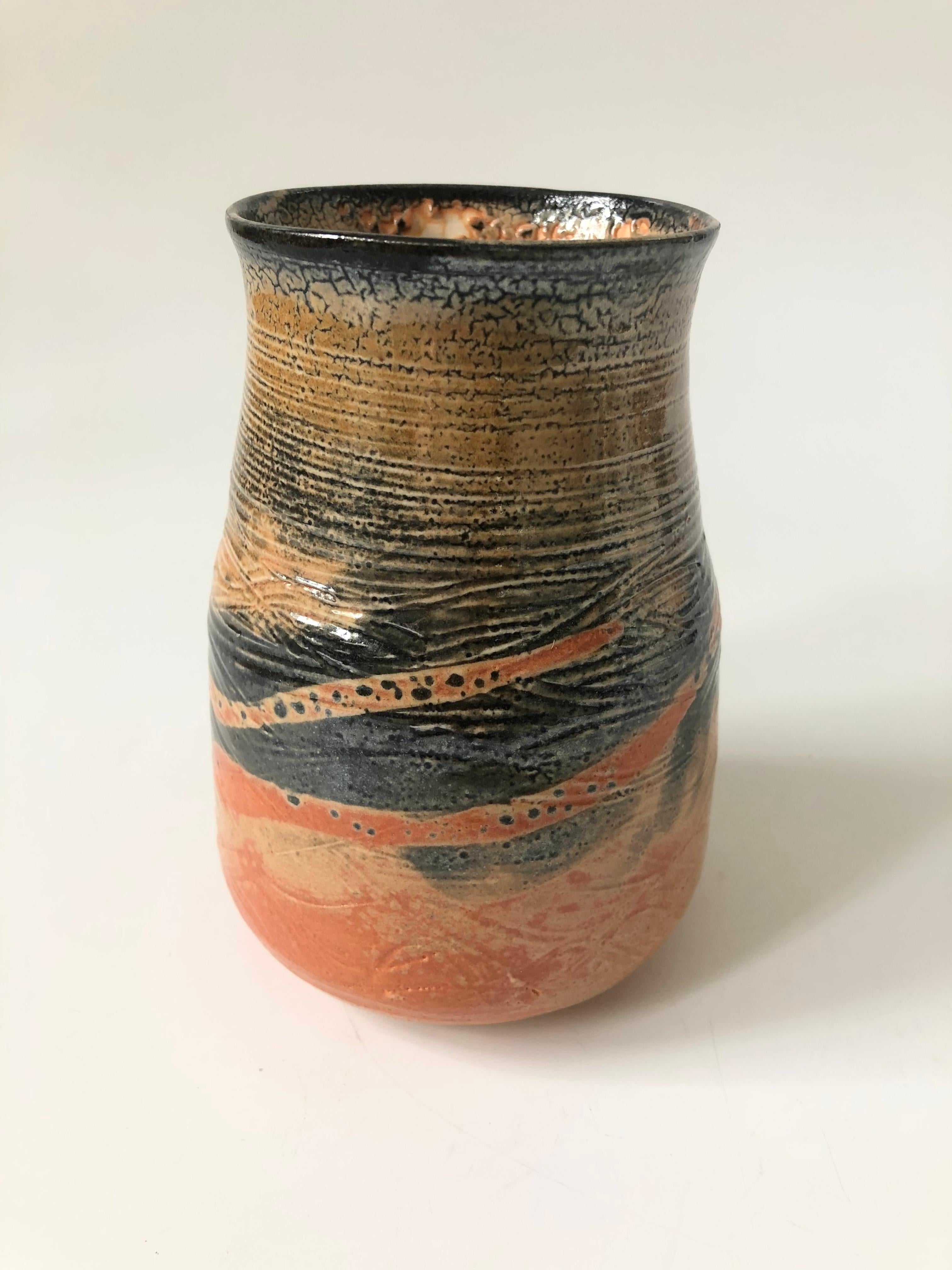 Vintage Orange and Black Studio Pottery Vase 1