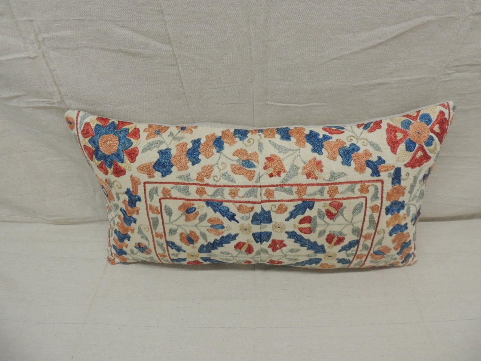 Vintage orange and blue embroidered Suzani decorative bolster pillow.
Natural color antique textured linen backing.
Decorative pillow handcrafted and designed in the USA.
Closure by stitch (no zipper closure) with custom made pillow