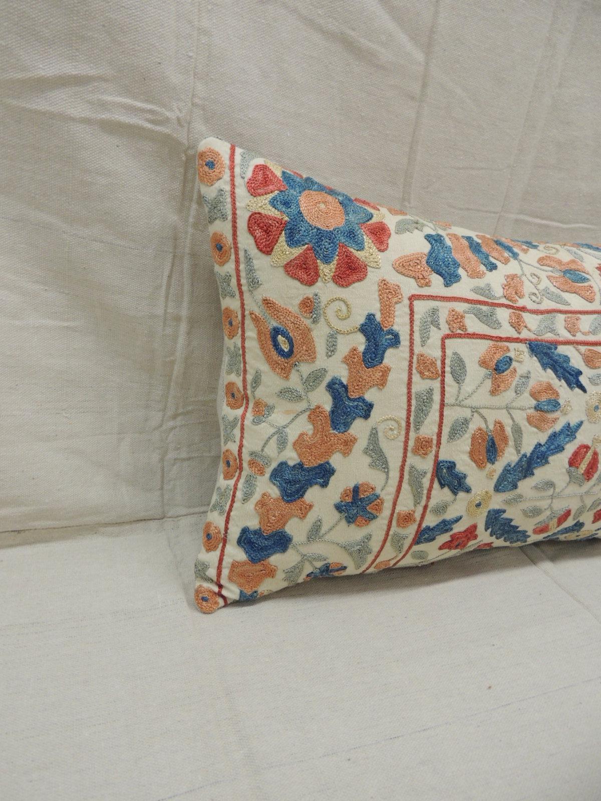 Uzbek Vintage Orange and Blue Embroidered Suzani Decorative Bolster Pillow