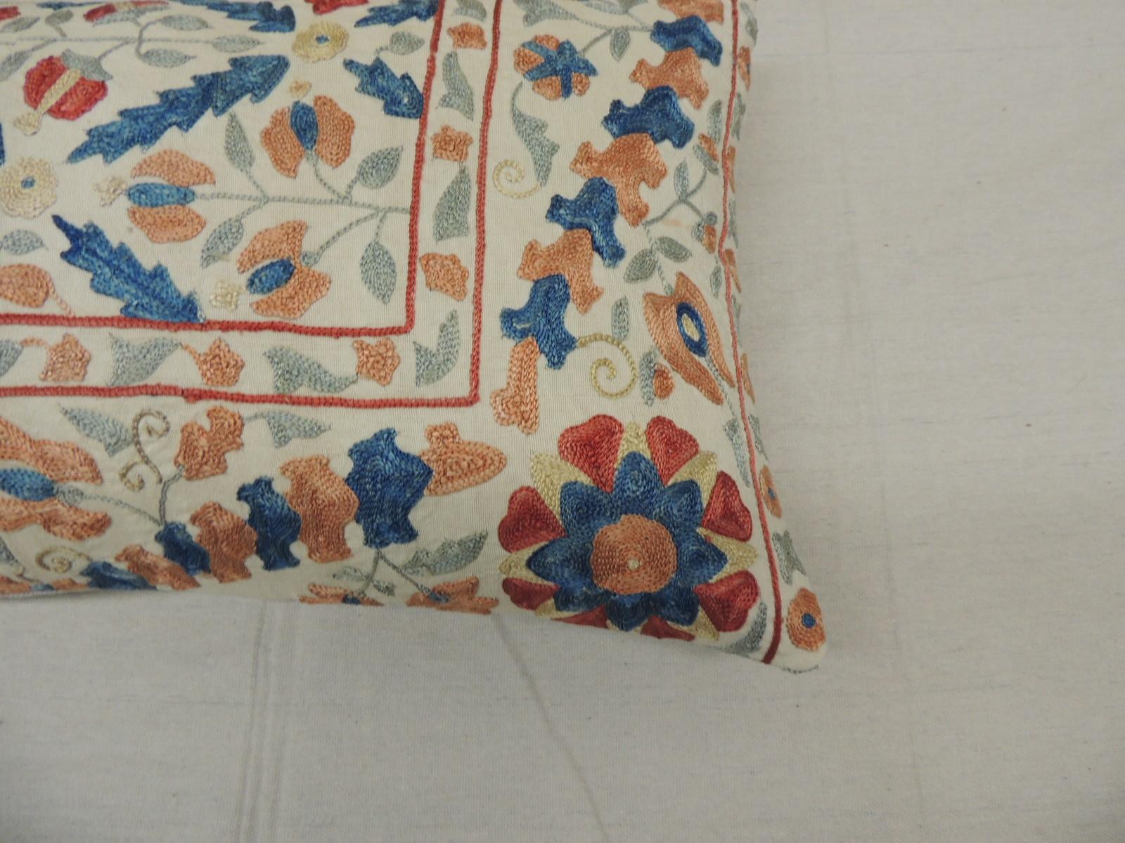 Hand-Crafted Vintage Orange and Blue Embroidered Suzani Decorative Bolster Pillow
