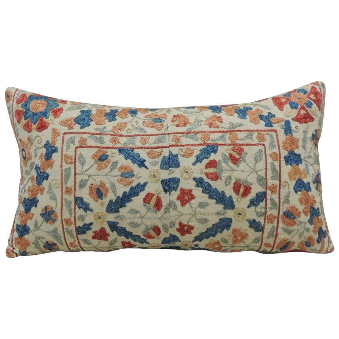 Vintage Orange and Blue Embroidered Suzani Decorative Bolster Pillow